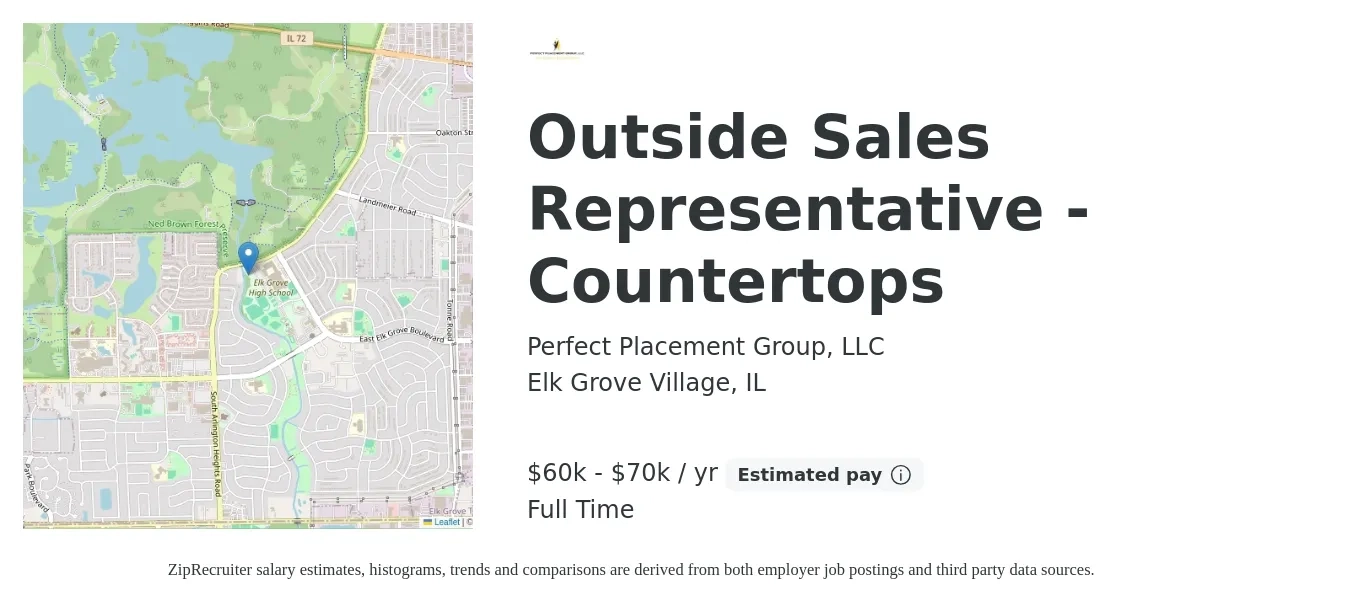 Perfect Placement Group, LLC job posting for a Outside Sales Representative - Countertops in Elk Grove Village, IL with a salary of $60,000 to $90,000 Yearly with a map of Elk Grove Village location.