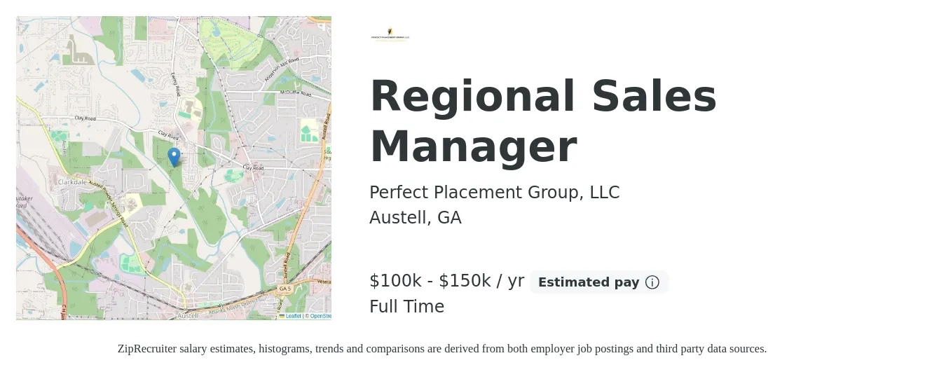 Perfect Placement Group, LLC job posting for a Regional Sales Manager in Austell, GA with a salary of $100,000 to $150,000 Yearly with a map of Austell location.