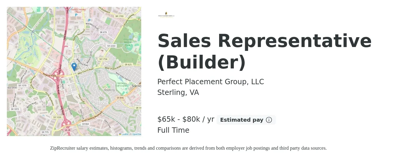 Perfect Placement Group, LLC job posting for a Sales Representative (Builder) in Sterling, VA with a salary of $65,000 to $80,000 Yearly with a map of Sterling location.