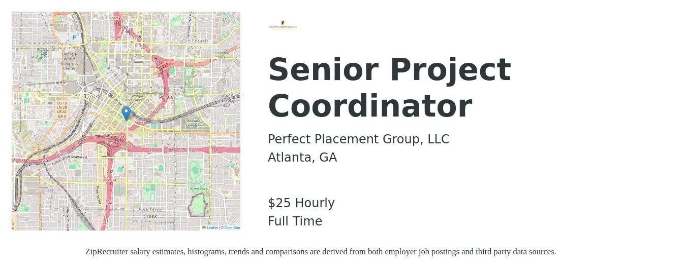 Perfect Placement Group, LLC job posting for a Senior Project Coordinator in Atlanta, GA with a salary of $26 to $28 Hourly with a map of Atlanta location.