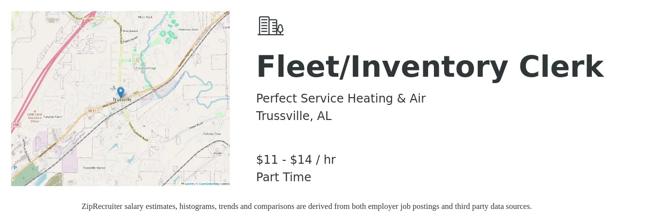 Perfect Service Heating & Air job posting for a Fleet/Inventory Clerk in Trussville, AL with a salary of $12 to $15 Hourly with a map of Trussville location.