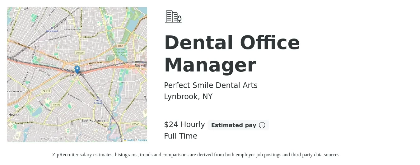 Perfect Smile Dental Arts job posting for a Dental Office Manager in Lynbrook, NY with a salary of $25 Hourly with a map of Lynbrook location.