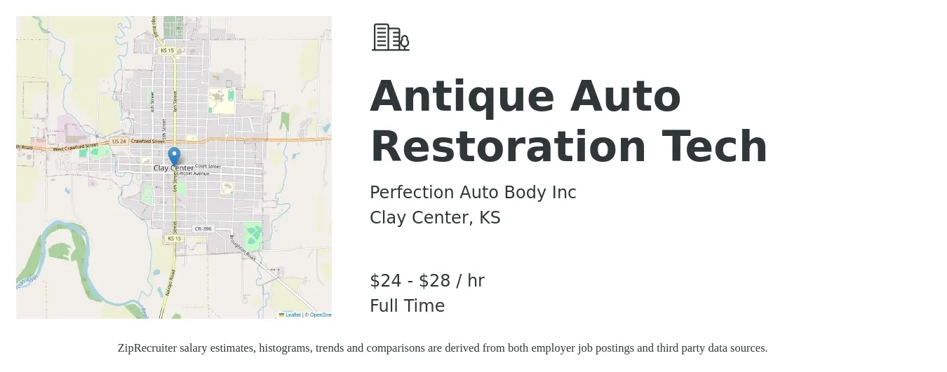 Perfection Auto Body Inc job posting for a Antique Auto Restoration Tech in Clay Center, KS with a salary of $25 to $30 Hourly with a map of Clay Center location.