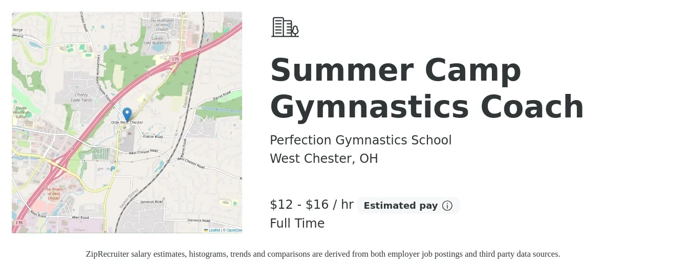 Perfection Gymnastics School job posting for a Summer Camp Gymnastics Coach in West Chester, OH with a salary of $13 to $17 Hourly with a map of West Chester location.