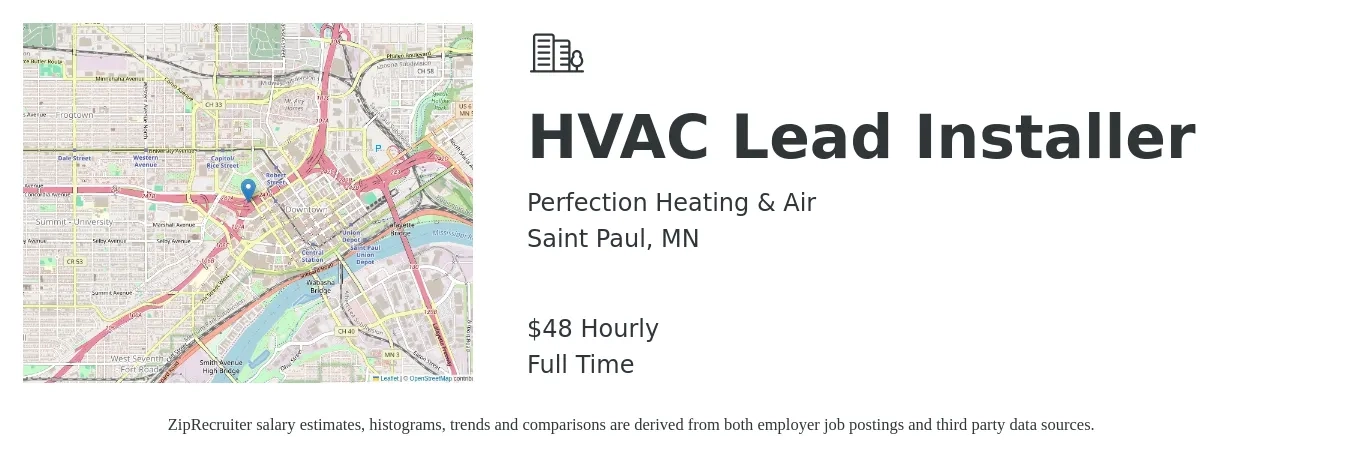 Perfection Heating & Air job posting for a HVAC Lead Installer in Saint Paul, MN with a salary of $50 Hourly with a map of Saint Paul location.