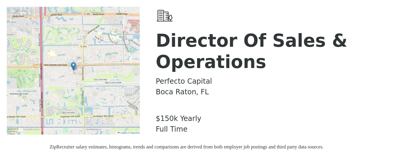 Perfecto Capital job posting for a Director Of Sales & Operations in Boca Raton, FL with a salary of $150,000 Yearly with a map of Boca Raton location.