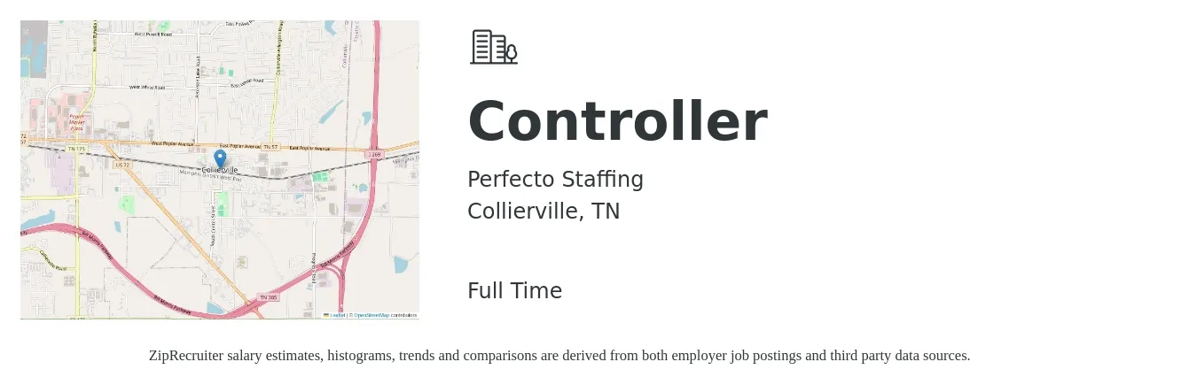 Perfecto Staffing job posting for a Controller in Collierville, TN with a salary of $85,800 to $122,500 Yearly with a map of Collierville location.