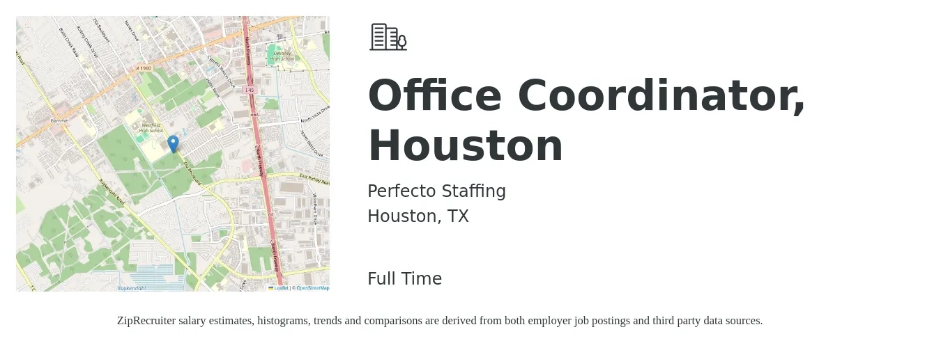 Perfecto Staffing job posting for a Office Coordinator, Houston in Houston, TX with a salary of $17 to $23 Hourly with a map of Houston location.