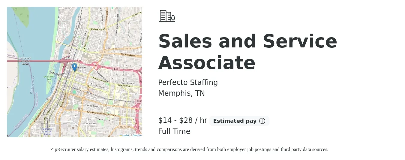 Perfecto Staffing job posting for a Sales and Service Associate in Memphis, TN with a salary of $14 to $20 Hourly with a map of Memphis location.