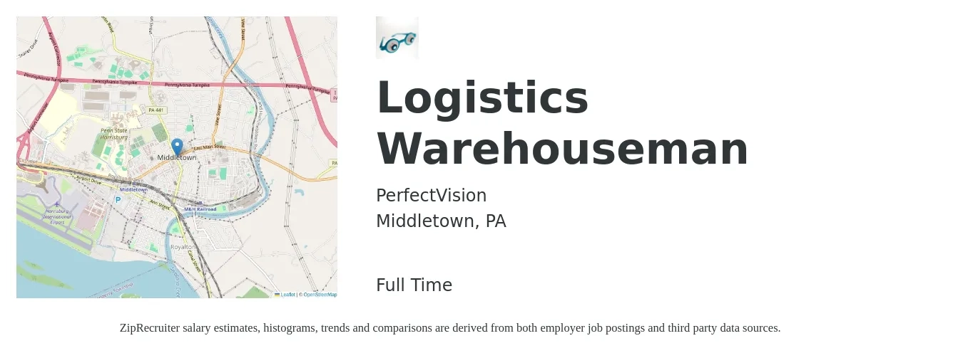 PerfectVision job posting for a Logistics Warehouseman in Middletown, PA with a salary of $16 to $19 Hourly with a map of Middletown location.