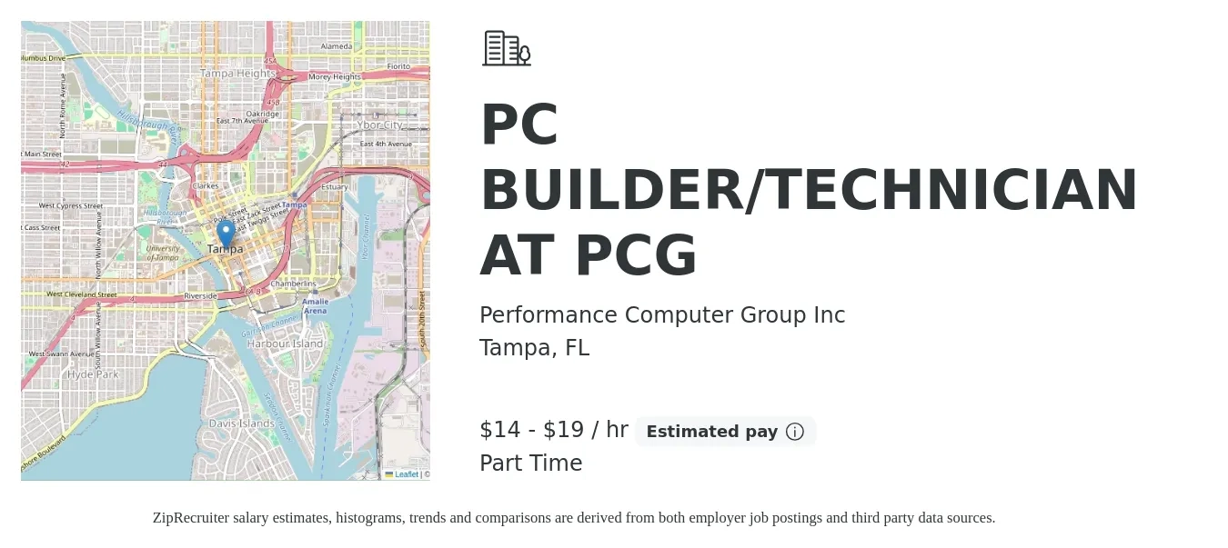 Performance Computer Group Inc job posting for a PC BUILDER/TECHNICIAN AT PCG in Tampa, FL with a salary of $15 to $20 Hourly with a map of Tampa location.