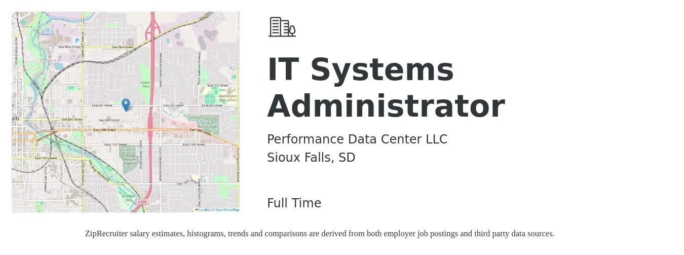 Performance Data Center LLC job posting for a IT Systems Administrator in Sioux Falls, SD with a salary of $64,800 to $91,300 Yearly with a map of Sioux Falls location.