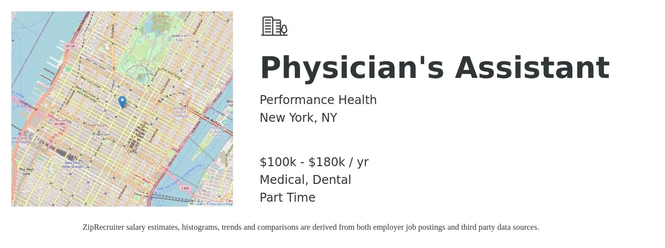 Performance Health job posting for a Physician's Assistant in New York, NY with a salary of $100,000 to $180,000 Yearly and benefits including dental, medical, and pto with a map of New York location.