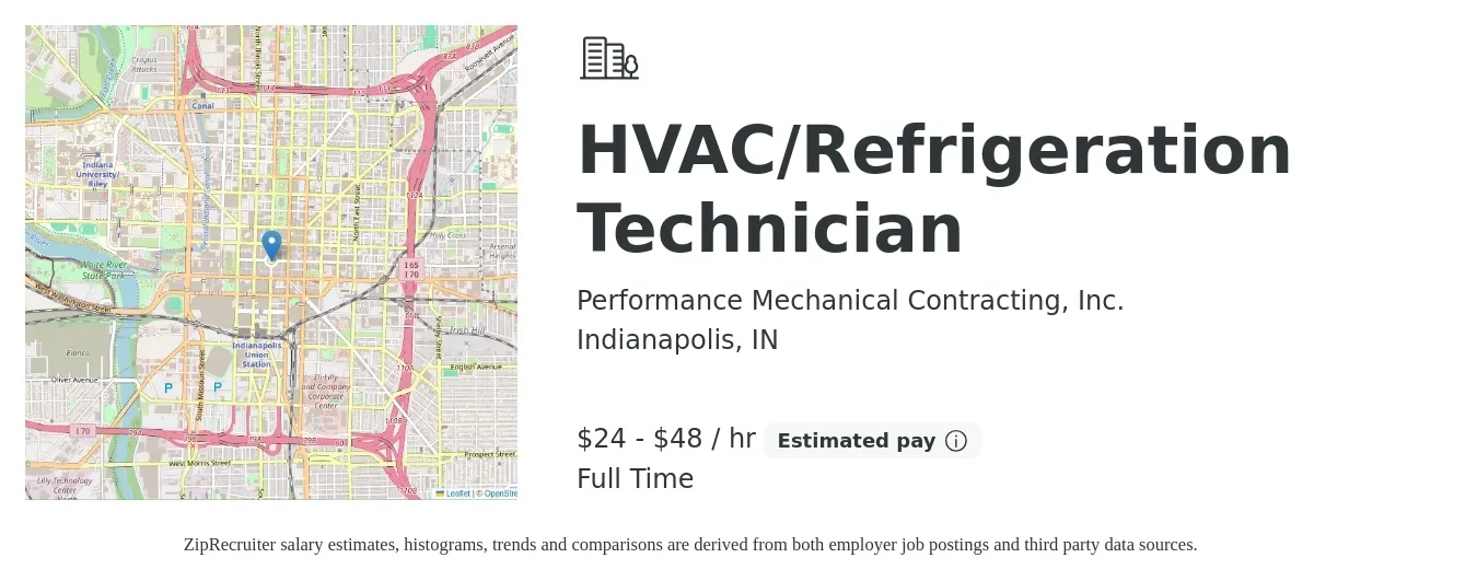 Performance Mechanical Contracting, Inc. job posting for a HVAC/Refrigeration Technician in Indianapolis, IN with a salary of $25 to $50 Hourly with a map of Indianapolis location.
