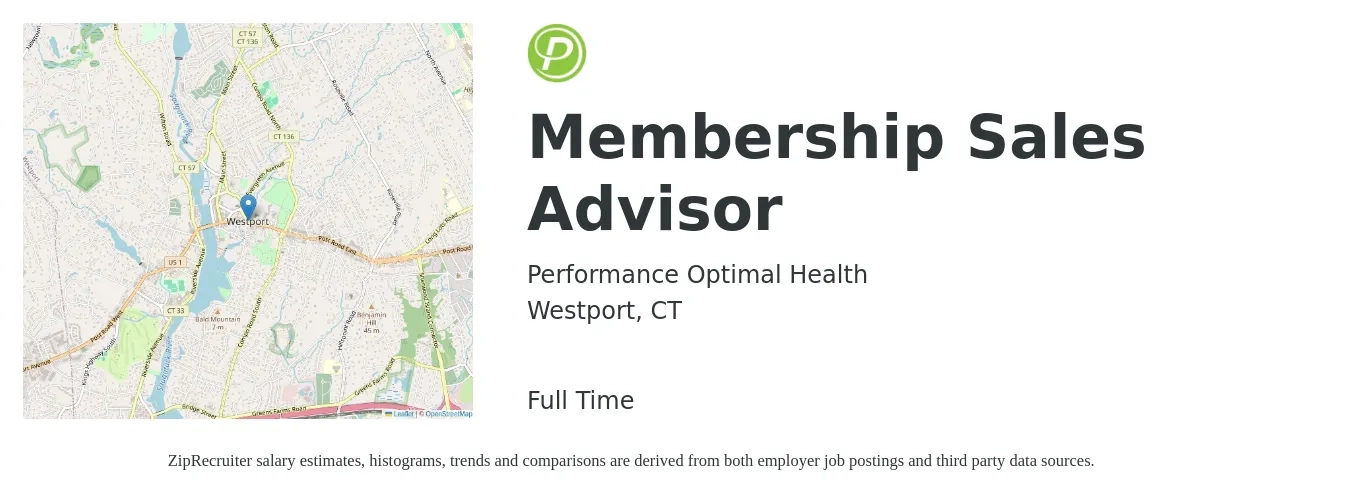 Performance Optimal Health job posting for a Membership Sales Advisor in Westport, CT with a salary of $15 to $20 Hourly with a map of Westport location.
