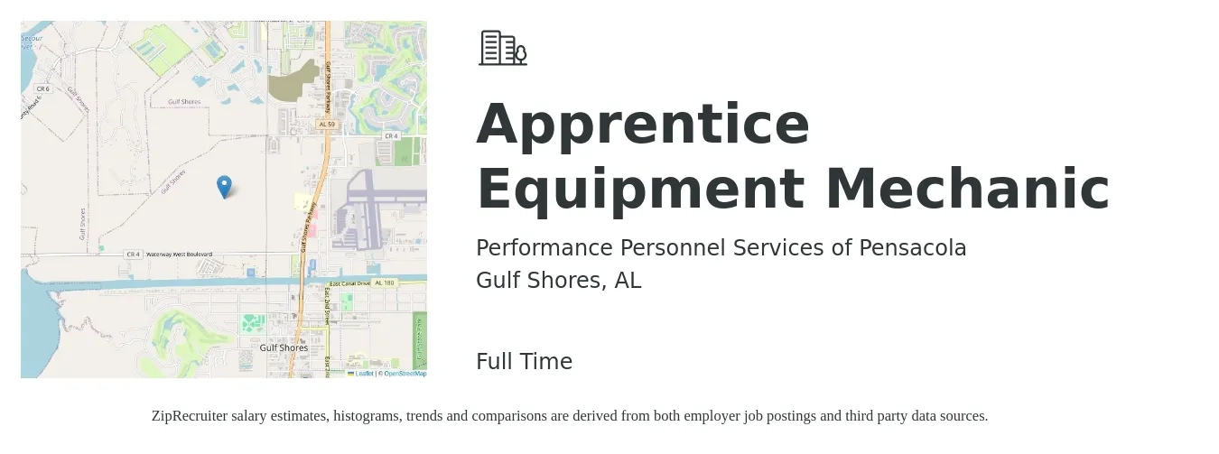 Performance Personnel Services of Pensacola job posting for a Apprentice Equipment Mechanic in Gulf Shores, AL with a salary of $15 to $21 Hourly with a map of Gulf Shores location.