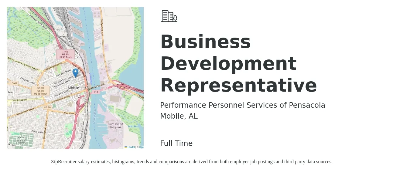 Performance Personnel Services of Pensacola job posting for a Business Development Representative in Mobile, AL with a salary of $44,700 to $69,500 Yearly with a map of Mobile location.