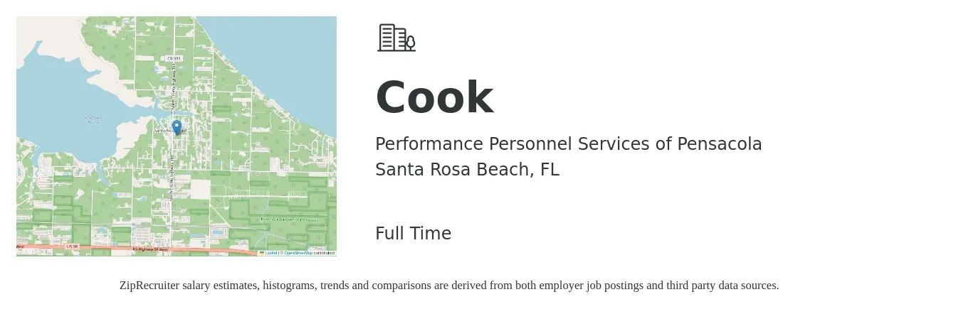 Performance Personnel Services of Pensacola job posting for a Cook in Santa Rosa Beach, FL with a salary of $13 to $17 Hourly with a map of Santa Rosa Beach location.