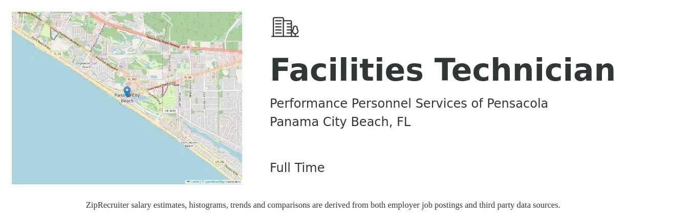 Performance Personnel Services of Pensacola job posting for a Facilities Technician in Panama City Beach, FL with a salary of $17 to $24 Hourly with a map of Panama City Beach location.