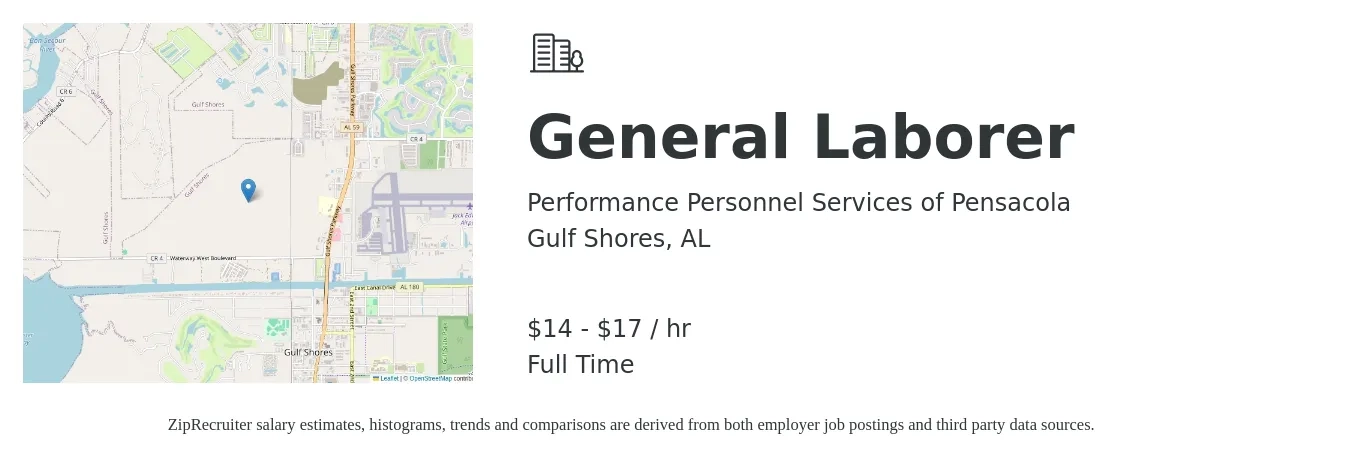 PerformancePersonnelServicesofPensacola job posting for a General Laborer in Gulf Shores, AL with a salary of $15 to $18 Hourly with a map of Gulf Shores location.