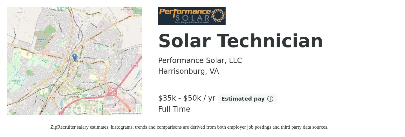 Performance Solar, LLC job posting for a Solar Technician in Harrisonburg, VA with a salary of $35,000 to $50,000 Yearly with a map of Harrisonburg location.