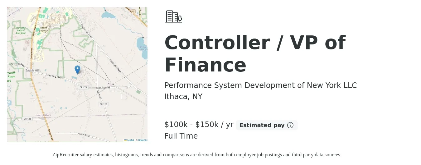 Performance System Development of New York LLC job posting for a Controller / VP of Finance in Ithaca, NY with a salary of $100,000 to $150,000 Yearly with a map of Ithaca location.