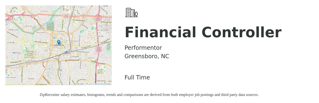 Performentor job posting for a Financial Controller in Greensboro, NC with a salary of $89,700 to $125,500 Yearly with a map of Greensboro location.