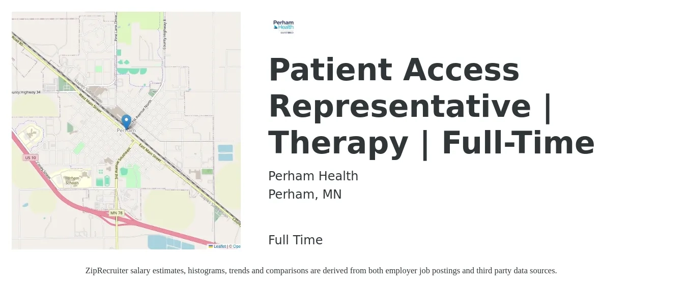 Perham Health job posting for a Patient Access Representative | Therapy | Full-Time in Perham, MN with a salary of $17 to $22 Hourly with a map of Perham location.