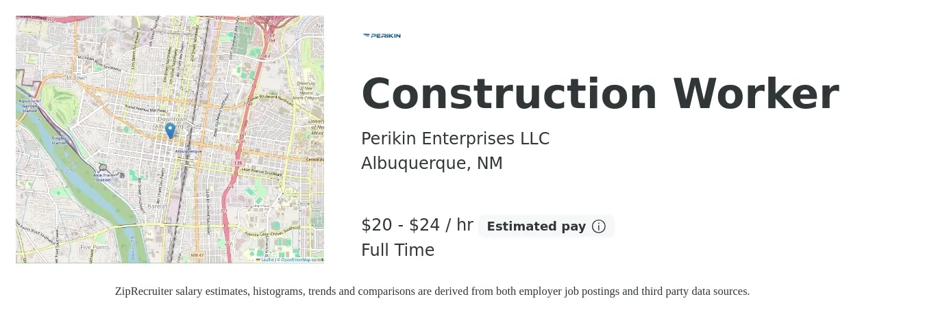 Perikin Enterprises LLC job posting for a Construction Worker in Albuquerque, NM with a salary of $21 to $25 Hourly with a map of Albuquerque location.