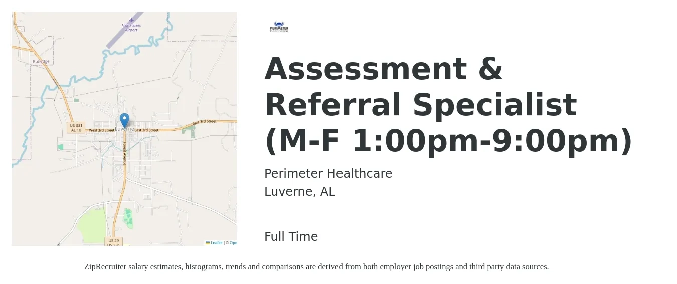 Perimeter Healthcare job posting for a Assessment & Referral Specialist (M-F 1:00pm-9:00pm) in Luverne, AL with a salary of $14 to $20 Hourly with a map of Luverne location.