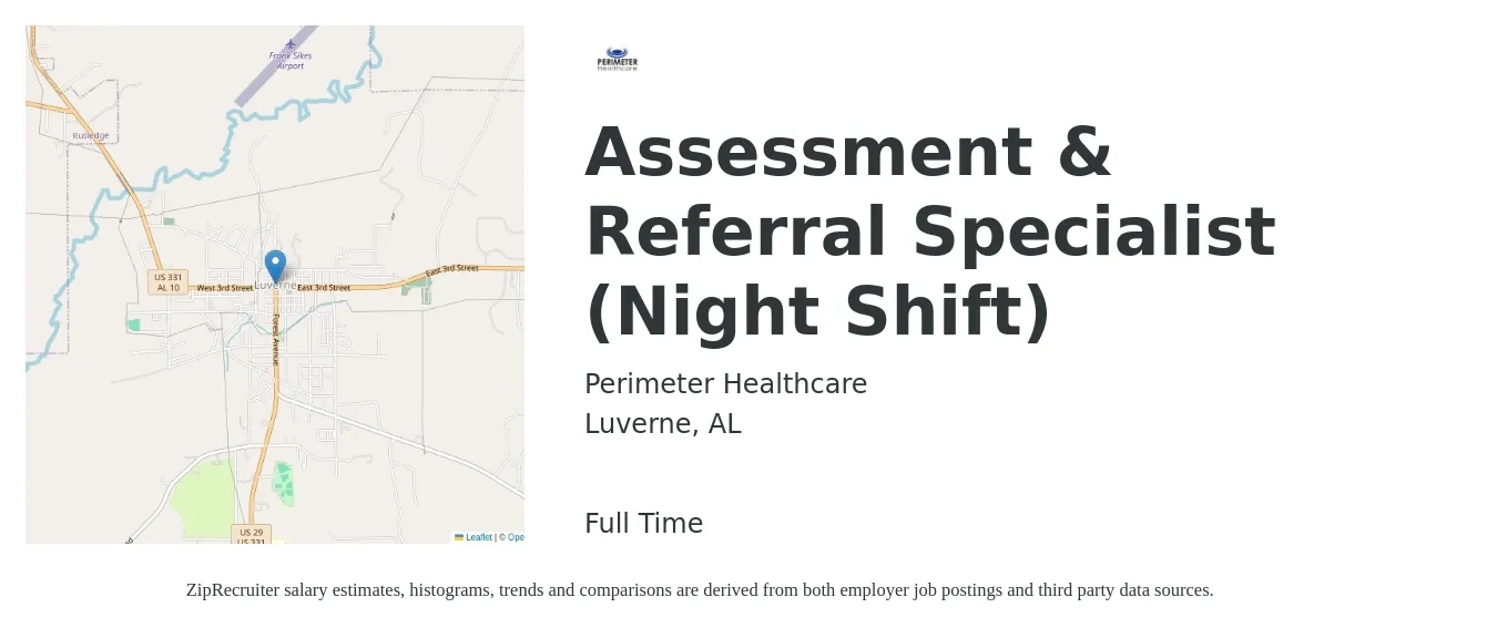 Perimeter Healthcare job posting for a Assessment & Referral Specialist (Night Shift) in Luverne, AL with a salary of $14 to $20 Hourly with a map of Luverne location.