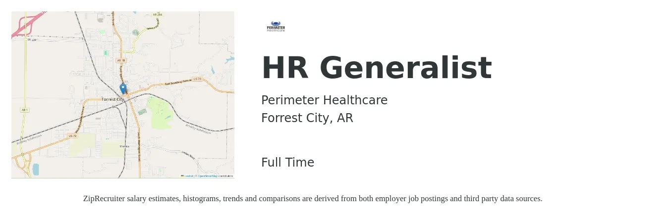 Perimeter Healthcare job posting for a HR Generalist in Forrest City, AR with a salary of $50,500 to $71,900 Yearly with a map of Forrest City location.