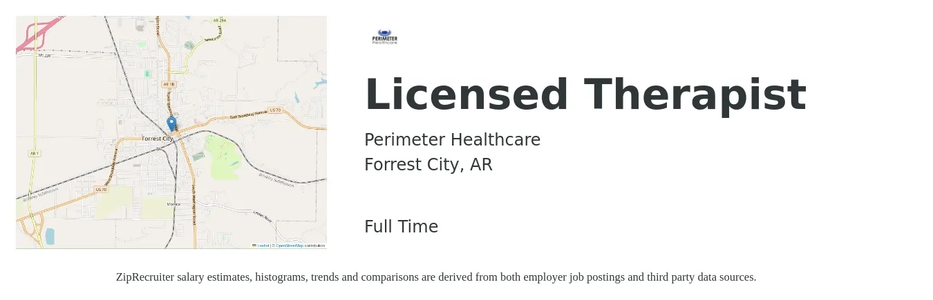 Perimeter Healthcare job posting for a Licensed Therapist in Forrest City, AR with a salary of $31 to $48 Hourly with a map of Forrest City location.