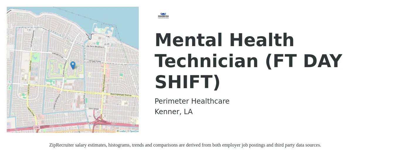Perimeter Healthcare job posting for a Mental Health Technician (FT DAY SHIFT) in Kenner, LA with a salary of $14 to $19 Hourly with a map of Kenner location.