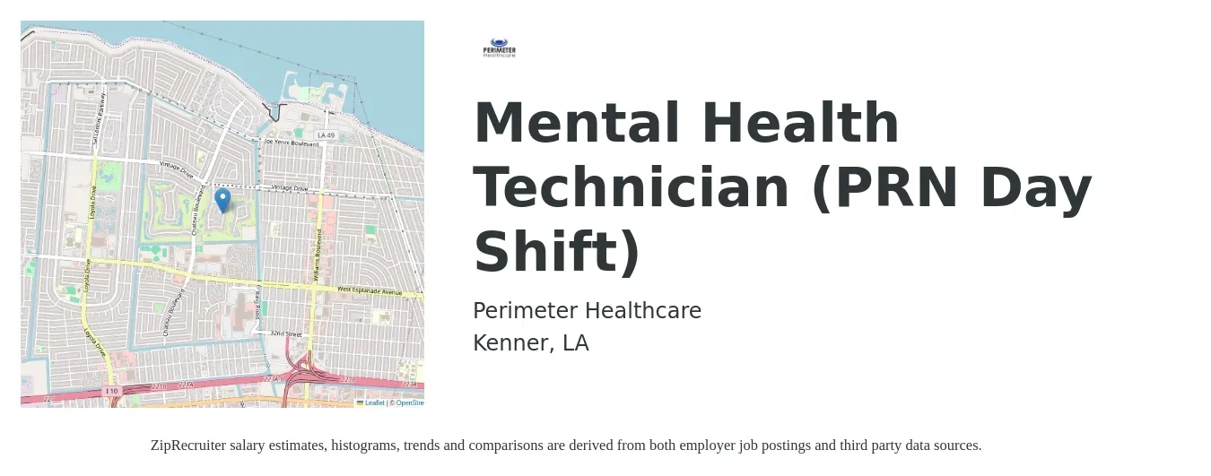 Perimeter Healthcare job posting for a Mental Health Technician (PRN Day Shift) in Kenner, LA with a salary of $14 to $20 Hourly with a map of Kenner location.