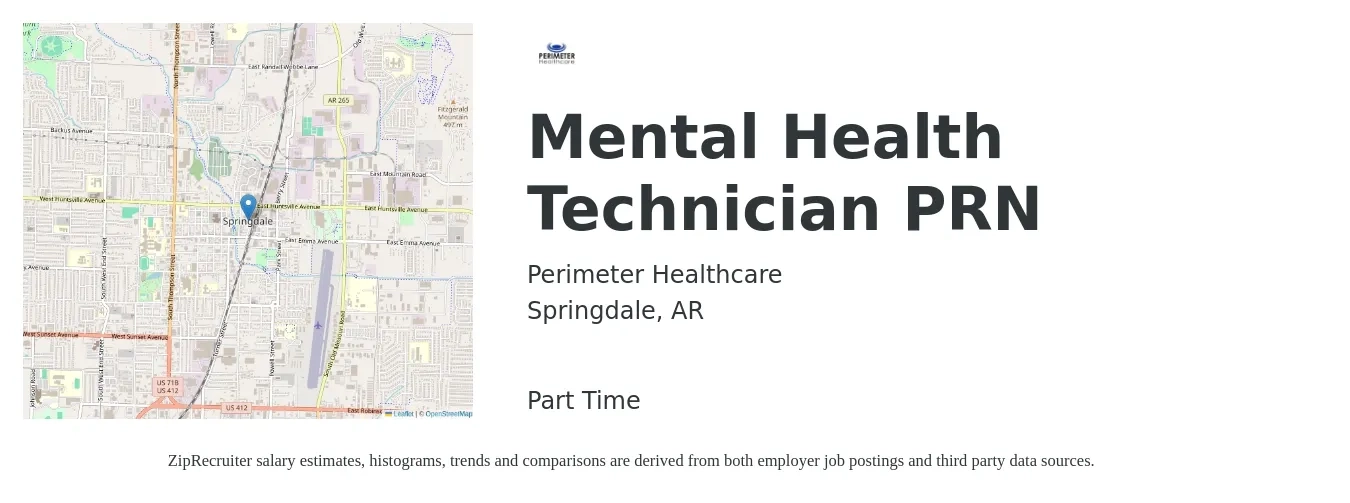 Perimeter Healthcare job posting for a Mental Health Technician PRN in Springdale, AR with a salary of $13 to $20 Hourly with a map of Springdale location.