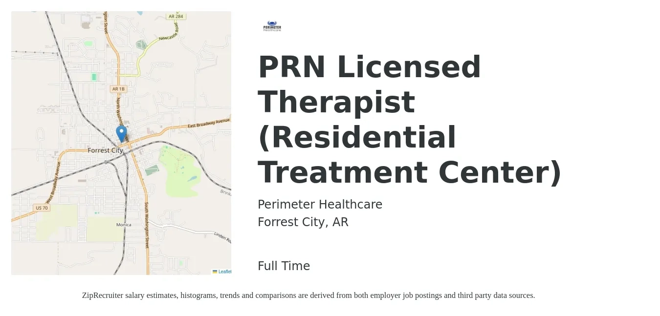 Perimeter Healthcare job posting for a PRN Licensed Therapist (Residential Treatment Center) in Forrest City, AR with a salary of $31 to $48 Hourly with a map of Forrest City location.
