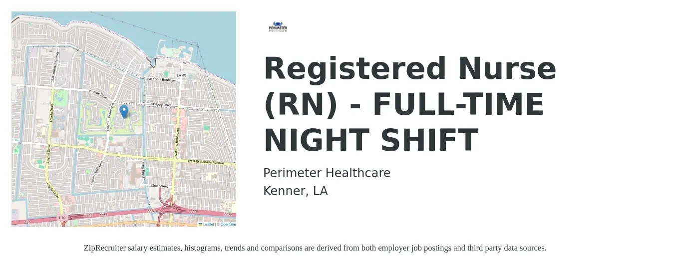 Perimeter Healthcare job posting for a Registered Nurse (RN) - FULL-TIME NIGHT SHIFT in Kenner, LA with a salary of $30 to $46 Hourly with a map of Kenner location.
