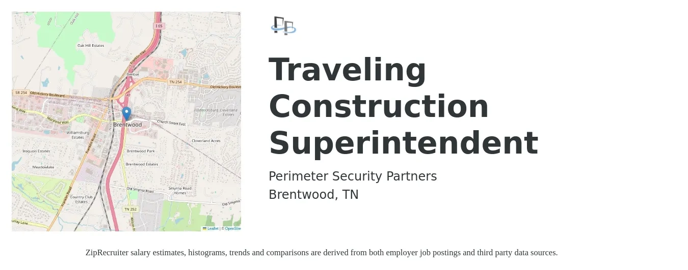 Perimeter Security Partners job posting for a Traveling Construction Superintendent in Brentwood, TN with a salary of $90,000 to $100,000 Yearly with a map of Brentwood location.