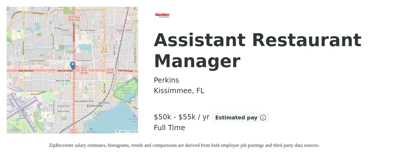 Perkins job posting for a Assistant Restaurant Manager in Kissimmee, FL with a salary of $50,000 to $55,000 Yearly with a map of Kissimmee location.