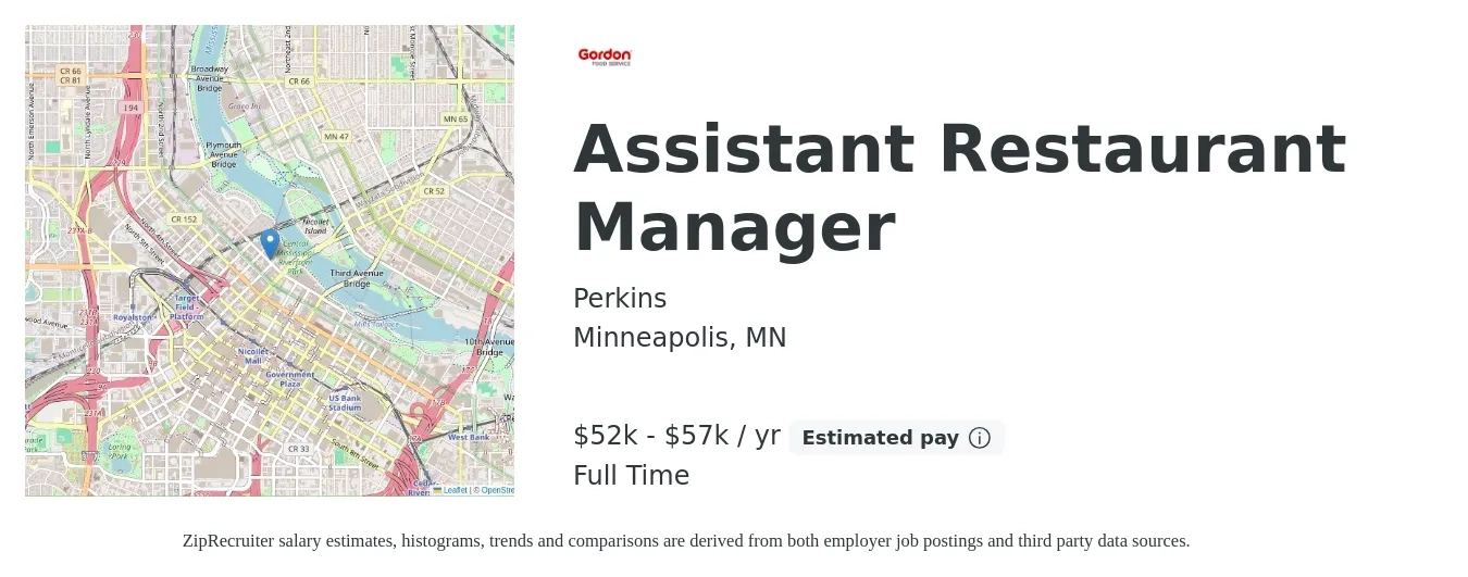 Perkins job posting for a Assistant Restaurant Manager in Minneapolis, MN with a salary of $52,500 to $57,000 Yearly with a map of Minneapolis location.