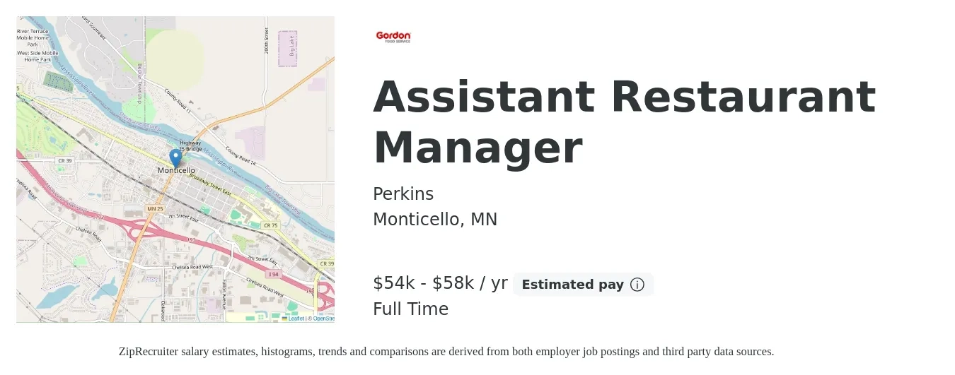 Perkins job posting for a Assistant Restaurant Manager in Monticello, MN with a salary of $54,000 to $58,000 Yearly with a map of Monticello location.
