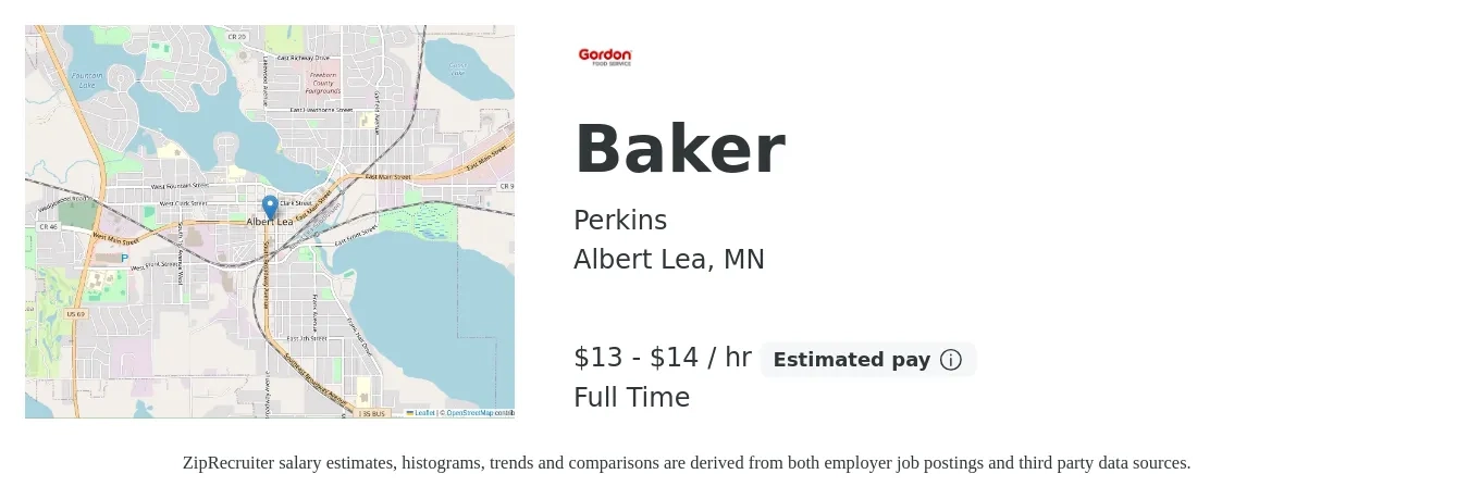 Perkins job posting for a Baker in Albert Lea, MN with a salary of $14 to $16 Hourly with a map of Albert Lea location.
