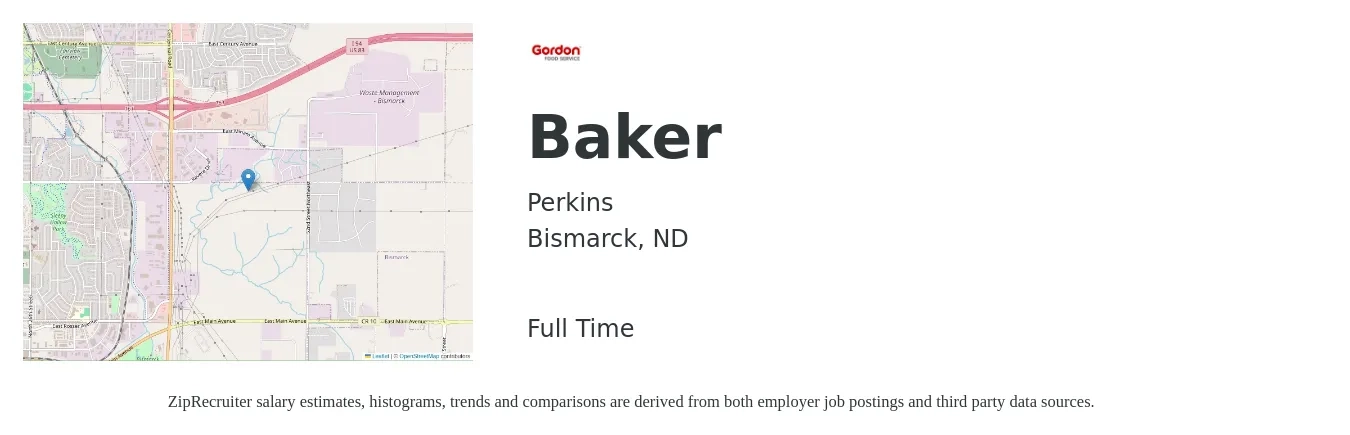 Perkins job posting for a Baker in Bismarck, ND with a salary of $13 to $17 Hourly with a map of Bismarck location.