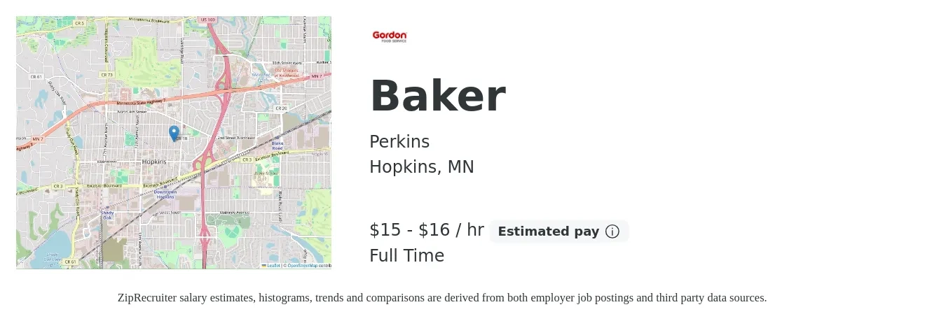 Perkins job posting for a Baker in Hopkins, MN with a salary of $16 to $17 Hourly with a map of Hopkins location.