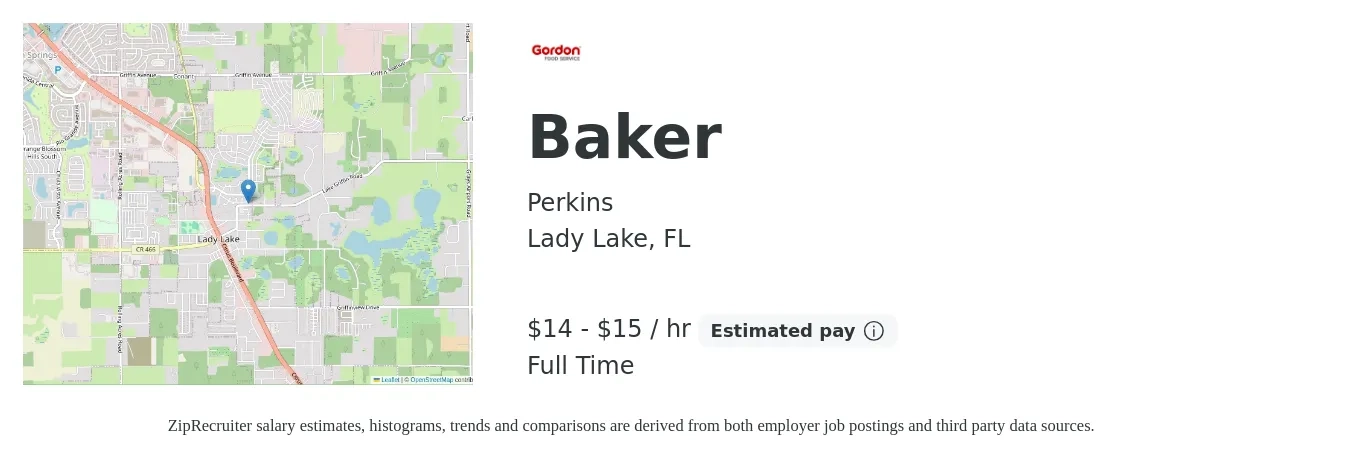 Perkins job posting for a Baker in Lady Lake, FL with a salary of $15 to $16 Hourly with a map of Lady Lake location.