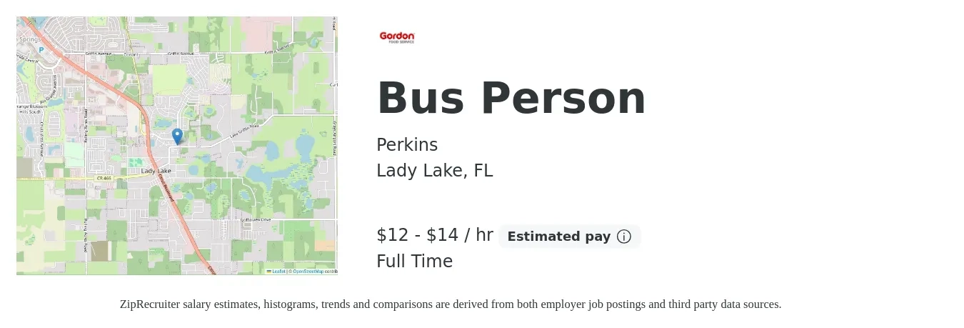 Perkins job posting for a Bus Person in Lady Lake, FL with a salary of $13 to $15 Hourly with a map of Lady Lake location.