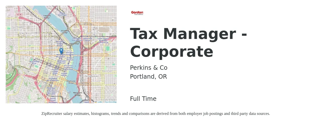 Perkins & Co job posting for a Tax Manager - Corporate in Portland, OR with a salary of $115,000 to $136,000 Yearly with a map of Portland location.