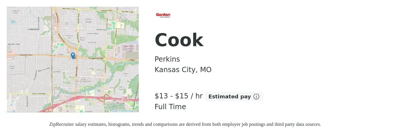 Perkins job posting for a Cook in Kansas City, MO with a salary of $15 to $17 Hourly with a map of Kansas City location.