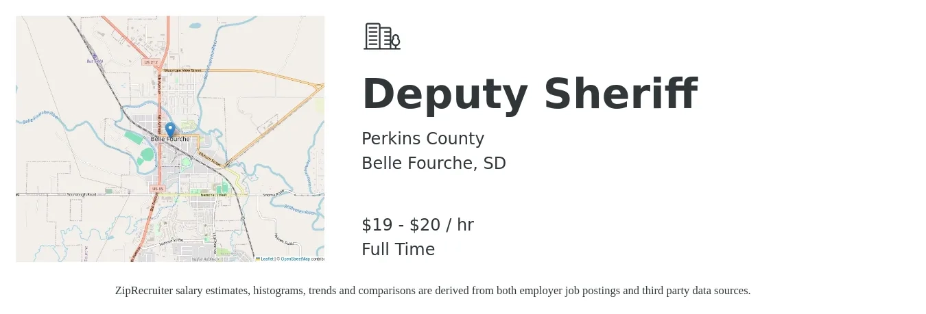 Perkins County job posting for a Deputy Sheriff in Belle Fourche, SD with a salary of $21 to $22 Hourly with a map of Belle Fourche location.